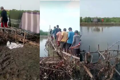 Jenazah dibawa menggunakan sarung dan batang bambu menyeberangi jembatan darurat di Blok Empang, Desa Eretan Wetan, Kecamatan Kandanghaur, Kabupaten Indramayu. Foto: Tangkap layar IG @indramayuinfo