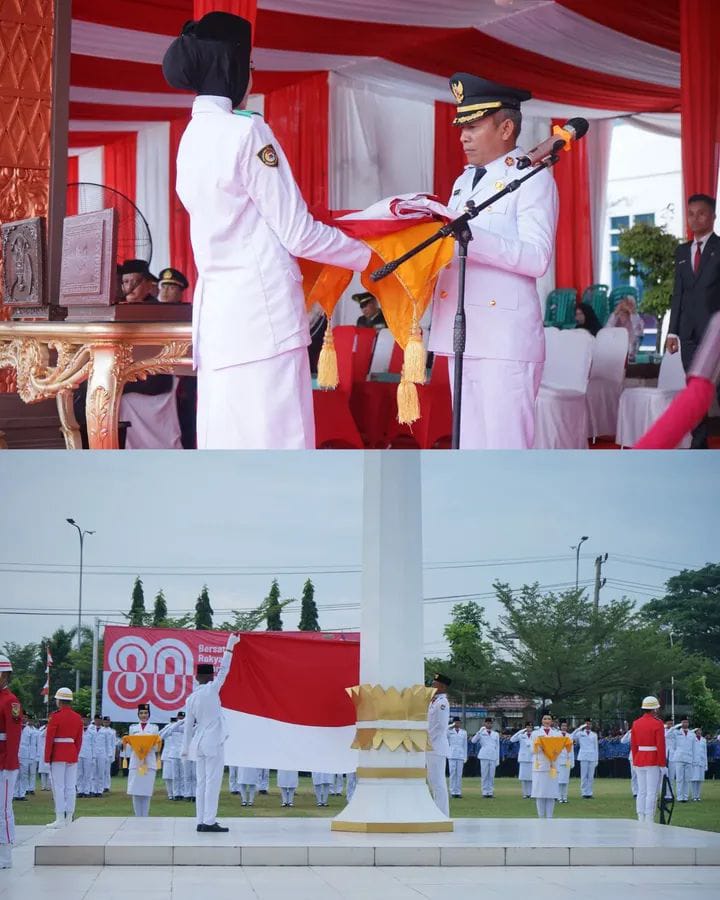 Upacara Penurunan Bendera Merah Putih, Peringatan HUT Kemerdekaan RI ke 80, Oleh Wakil Bupati H.Supreyitno