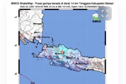 Pusat gempa Mag:4.9 berada di darat, Lok:6.48LS, 107.24BT (14 km Tenggara, Kabupaten Bekasi, Jabar), kedalaman 10 km, pada 20-Agustus-2025 sekitar pukul 19.54:55 WIB. Foto: Badan Meteorologi, Klimatologi dan Geofisika (BMKG)