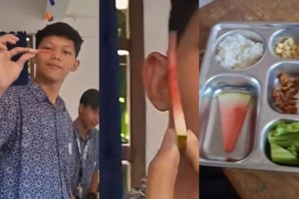 Siswa pegang potongan semangka super tipis dari menu Program Makan Bersama Gratis (MBG). Foto: TikTok @happyeverafter702