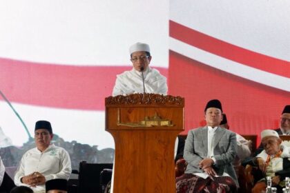 Menag Nasaruddin Umar menyampaikan sambutan dalam Zikir Kebangsaan yang digelar Minggu (11/8/2025).