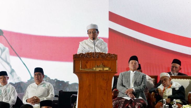 Menag Nasaruddin Umar menyampaikan sambutan dalam Zikir Kebangsaan yang digelar Minggu (11/8/2025).