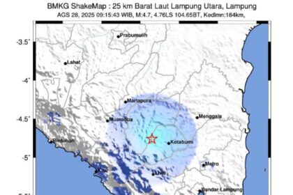 Episenter gempa bumi terletak pada koordinat 4,76° LS ; 104,65° BT, atau tepatnya berlokasi di darat wilayah Sungkai Tengah, Lampung Utara, Lampung, pada kedalaman 184 kilometer (km), Kamis (28/8/2025) pukul 09.15 WIB. Foto: BMKG