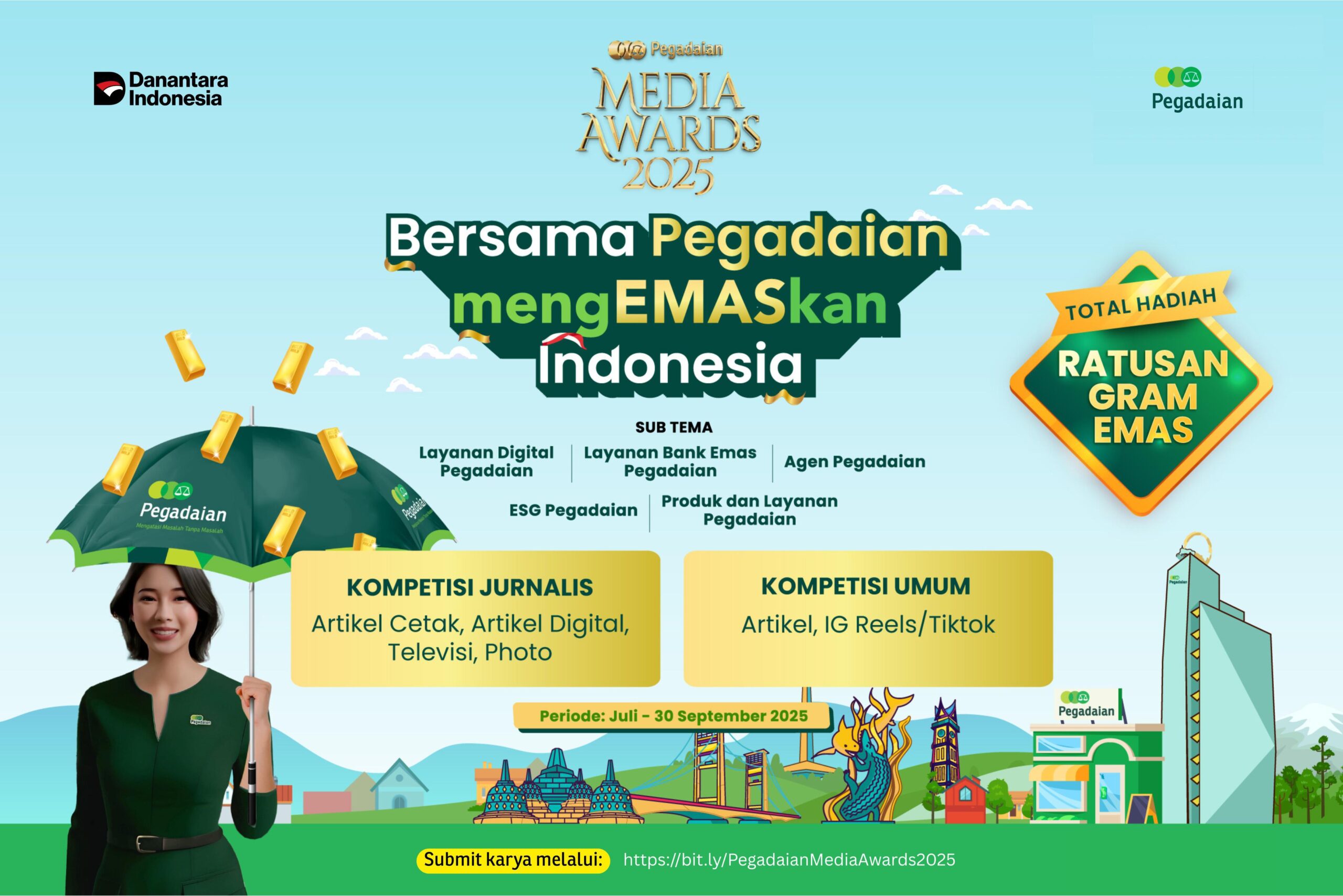 Pegadaian dengan bangga mengumumkan kembali diselenggarakannya Pegadaian Media Awards (PMA) 2025, sebuah kompetisi jurnalistik tahunan yang menjadi wadah bagi insan pers dan pegiat literasi untuk menunjukkan kreativitas mereka.