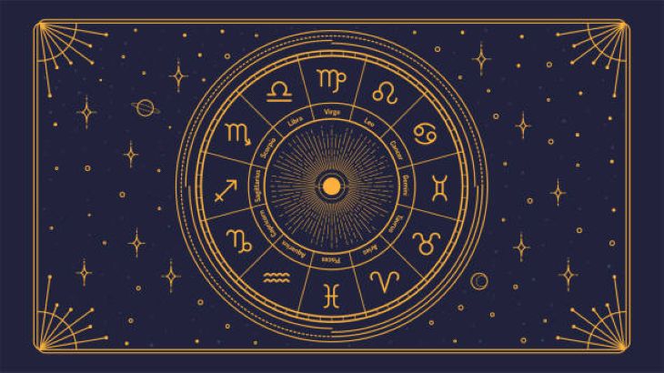 Ilustrasi Latar belakang tanda zodiak gaya retro emas. Foto: Istock @mustafahacalaki