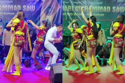 Penampilan tari tradisional Dolalak di Wonosobo yang viral karena berlangsung di panggung ber-backdrop Maulid Nabi Muhammad SAW. Foto: Tangkapan layar Instagram @fakta.indo