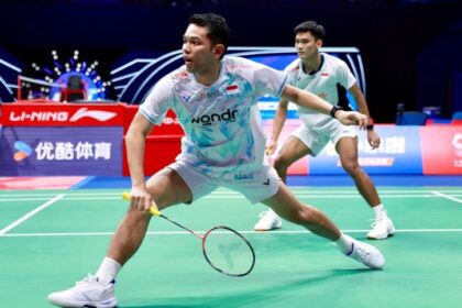 Pasangan Fajar/Fikri gagal melaju ke babak final China Masters 2025. Foto: PBSI