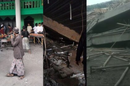 Bangunan musala di Pondok Pesantren Al Khoziny, Buduran, Sidoarjo, Jawa Timur, ambruk pada Senin (29/9/2025).