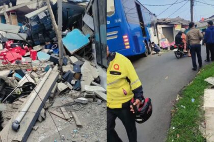 Sebuah bus Transjakarta menabrak kios dan rumah yang berlokasi di Jalan Raya Stasiun Cakung, Pulogebang, Cakung, Jakarta Timur, Jumat (19/9/2025) pagi. Foto: Tangkap layar IG @batagordingin28