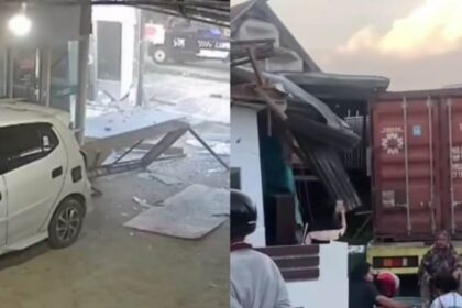 Truk kontainer menabrak rumah dan apotek di Jalan Poros Mapilli, Kabupaten Polewali Mandar, Sulawesi Barat, Rabu (8/10/2025). Foto: Tangkapan layar Instagram @medsoszone