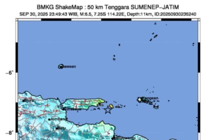 Epicenter atau pusat gempa ini berada di dasar laut dengan titik koordinat 7,25 LS dan 114,22 BT, atau jika ditarik garis lurus berada di 50 kilometer (km) sebelah tenggara Kabupaten Sumenep pada kedalaman 11 km, Selasa (30/9/2025) pukul 23.49 WIB. Foto: BMKG