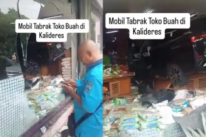 Insiden kecelakaan lalu lintas terjadi di Jalan Taman Surya, Kalideres, saat Toyota Veloz yang dikemudikan HYS (41) menghantam sebuah toko buah. Foto: Tangkap layar IG @warungjurnalis