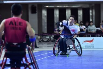 Aksi para atlet pada turnamen HYDROPLUS Indonesia Para Badminton International 2024 yang diadakan di Edutorium UMS, Solo. Foto/Megapro