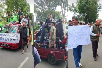 Massa demonstran sopir angkot berorasi di depan Balai Kota Bogor sambil membawa spanduk berisi tuntutan kepada Wali Kota, Kamis (23/10/2025). Aksi ini sempat ricuh sebelum akhirnya berhasil diredam aparat keamanan. Foto: Tangkap layar IG @bogor24update