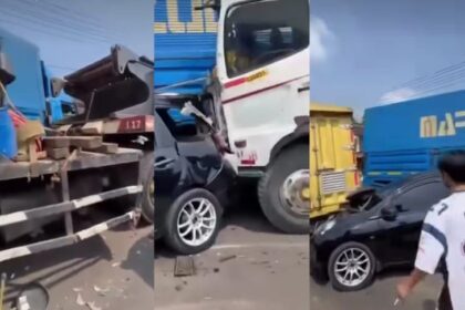 Kecelakaan beruntun melibatkan sejumlah kendaraan terjadi di Jalan Utama Sukabumi-Bogor, tepatnya di Pamuruyan, Kecamatan Cibadak, Kabupaten Sukabumi, Selasa (7/10/2025). Foto: Tangkap layar IG @sukabumiupdatecom