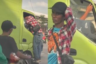 Seorang pria diduga preman memaksa masuk kabin truk saat meminta uang di Cakung, Jaktim. Foto: Tangkap layar IG @jakut.info