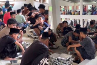 Santri menikmati makanan Program Makan Bergizi Gratis (MBG). Foto: Tangkap layar TikTok @adlanhilmibosmuda