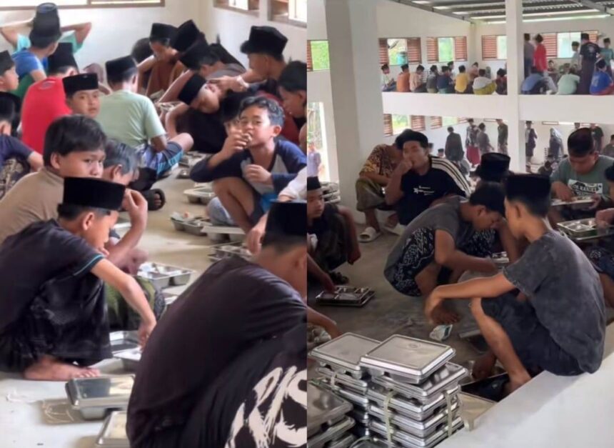 Santri menikmati makanan Program Makan Bergizi Gratis (MBG). Foto: Tangkap layar TikTok @adlanhilmibosmuda
