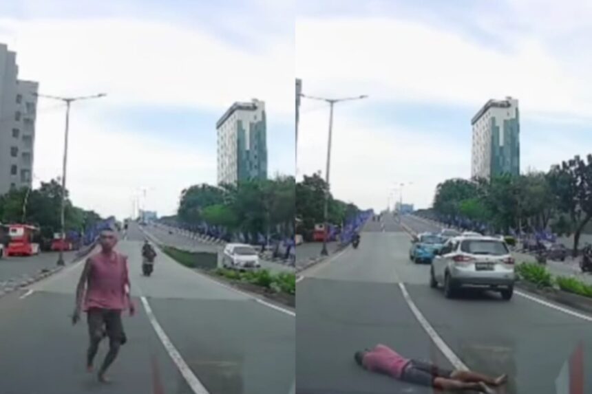Seorang pria di kawasan Tanah Abang terekam kamera dashcam menabrakkan diri ke mobil yang melintas. Polisi memastikan pria tersebut merupakan ODGJ warga setempat. Foto: Tangkap layar IG @undercover.id