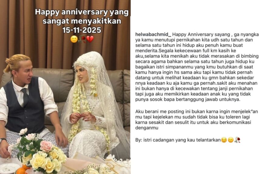 Viral Helwa Bachmid mengunggah foto pernikahan sirinya dengan Habib Bahar sambil mengungkap rasa kecewa dan tekanan yang ia alami selama setahun menikah. Foto: IG @helwabachmid_