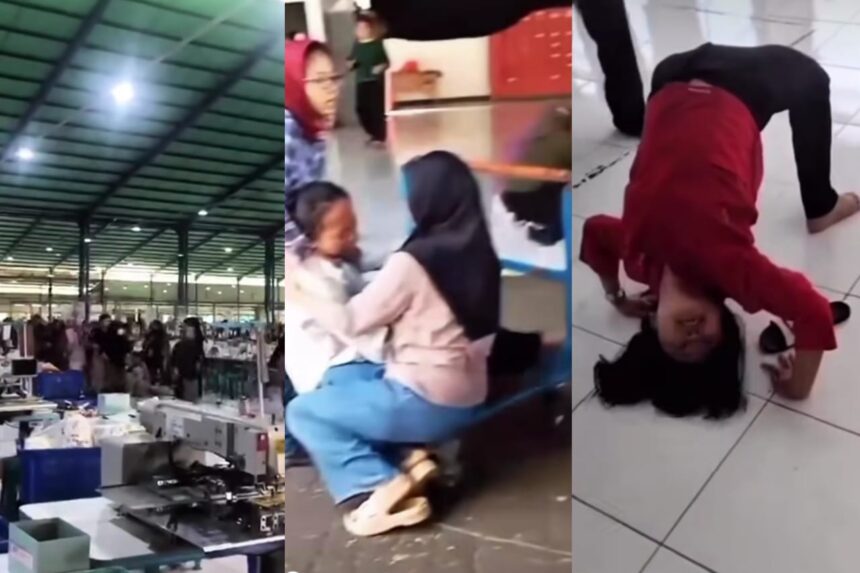 Suasana ricuh di PT Aurora World Cianjur ketika belasan karyawan wanita mendadak histeris. Foto: Tangkap layar IG @infobdgbaratcimahi