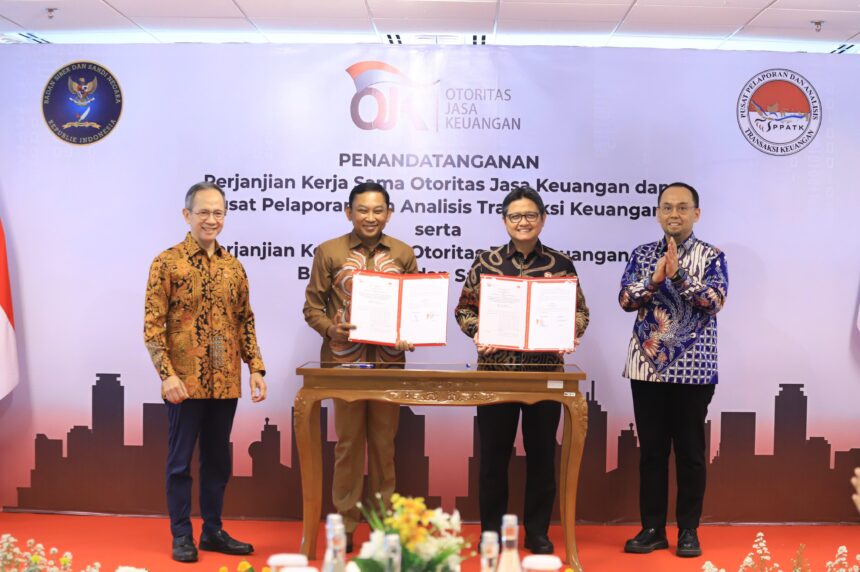Otoritas Jasa Keuangan (OJK) bersama Pusat Pelaporan dan Analisis Transaksi Keuangan (PPATK) dan Badan Siber dan Sandi Nasional (BSSN) menyepakati perjanjian kerja sama terpisah dalam memperkuat sinergi untuk menjaga integritas dan keamanan sektor jasa keuangan. Foto: Dok OJK