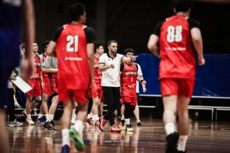 Pelatih Timnas Putra Senior Dave Singleton mengaku cukup puas usai uji coba melawan Select Team di Bogor, Jabar. Humas Perbasi