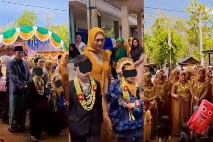 Dua anak di Gili Iyang diarak layaknya pengantin dalam prosesi bebekalan, tradisi pertunangan adat Madura yang kembali jadi sorotan. Foto: TikTok @radarpena
