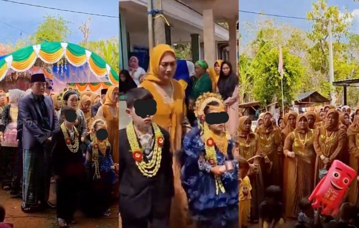 Dua anak di Gili Iyang diarak layaknya pengantin dalam prosesi bebekalan, tradisi pertunangan adat Madura yang kembali jadi sorotan. Foto: TikTok @radarpena