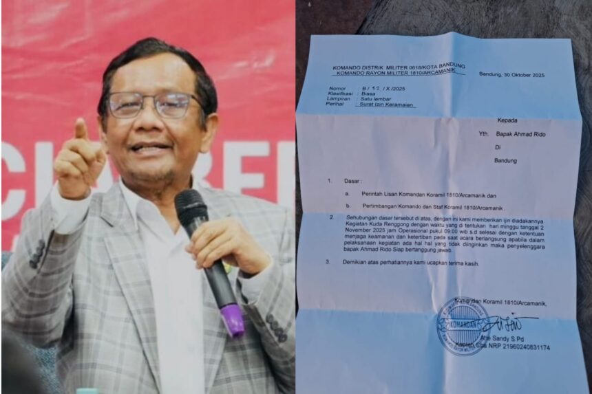 Mahfud MD menyoroti surat izin keramaian yang dikeluarkan Koramil 1810/Arcamanik, Bandung. Foto: X @mohmahfudmd