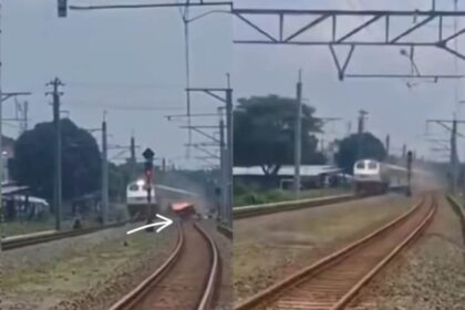 Kecelakaan antara mobil dan KA Bangunkarta di perlintasan Prambanan, Sleman, Selasa (4/11/2025). Foto: Tangkapan layar Instagram @ulujamitv