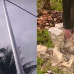 Warga menunjukkan pondasi tiang listrik di Desa Sarang Burung Usrat, Kecamatan Jawai, Kabupaten Sambas, Kalbar, yang ditemukan berisi campuran kelapa dan serabut di dalam coran semen. Temuan ini kini tengah viral di media sosial. Foto: Tangkap layar IG @sambasinformasi