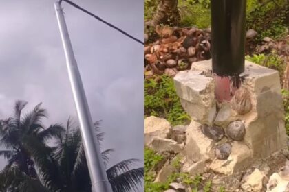 Warga menunjukkan pondasi tiang listrik di Desa Sarang Burung Usrat, Kecamatan Jawai, Kabupaten Sambas, Kalbar, yang ditemukan berisi campuran kelapa dan serabut di dalam coran semen. Temuan ini kini tengah viral di media sosial. Foto: Tangkap layar IG @sambasinformasi
