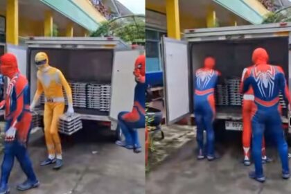 Petugas SPPG Sukamantri hadir sebagai Power Rangers dan Spiderman, membuat penyaluran makanan bergizi jadi momen penuh kegembiraan bagi para siswa di Ciawi, Tasikmalaya. Foto: Tangkap layar TikTok @sppg.sukamantri.c