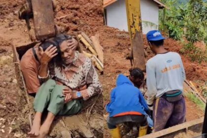 Seorang lansia dievakuasi menggunakan ekskavator menuju rumah sakit di Kampung Cibangkonol, Kabupaten Bandung Barat. Foto: Tangkapan layar TikTok @bppberkahpalaputra