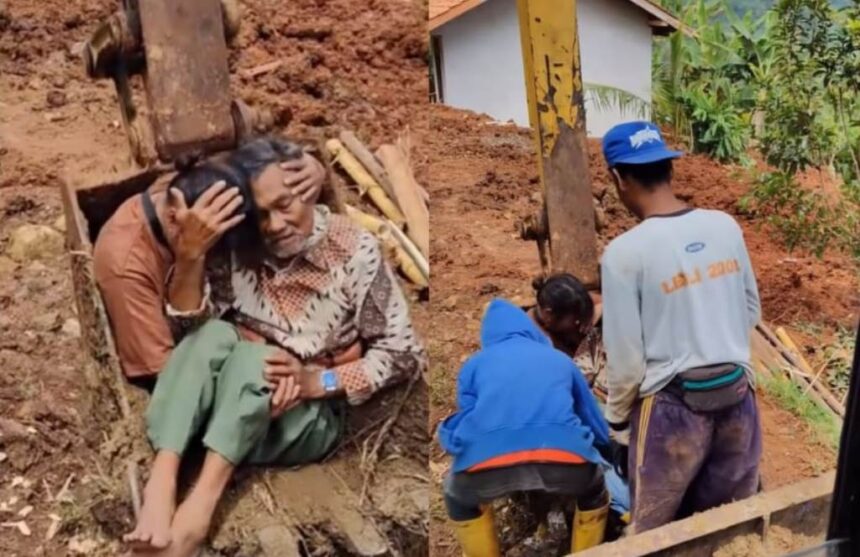 Seorang lansia dievakuasi menggunakan ekskavator menuju rumah sakit di Kampung Cibangkonol, Kabupaten Bandung Barat. Foto: Tangkapan layar TikTok @bppberkahpalaputra