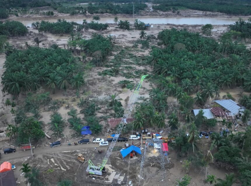 Tampilan dari udara alat berat atau crane yang PLN modifikasi menjadi tower darurat yang aman untuk mengganti salah satu tower terdampak parah oleh bencana di jalur transmisi 150 kV Pangkalan Brandan - Langsa, Aceh Tamiang. Foto: Dok PLN