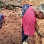 Ayah menggali tumpukan material longsor dengan tangan kosong sambil memanggil putrinya yang hilang akibat banjir bandang. Foto: Tangkap layar IG @fakta.indo
