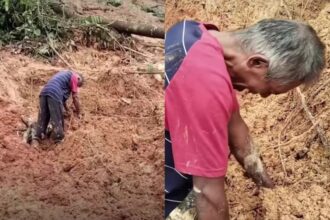 Ayah menggali tumpukan material longsor dengan tangan kosong sambil memanggil putrinya yang hilang akibat banjir bandang. Foto: Tangkap layar IG @fakta.indo