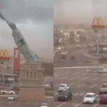 Badai angin kencang menerjang Brasil selatan hingga merobohkan replika Patung Liberty setinggi 24 meter di Guaíba, Rio Grande do Sul, Senin (15/12/2025). Foto: Tangkap layar TikTok @trendtroller