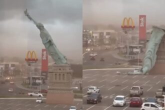 Badai angin kencang menerjang Brasil selatan hingga merobohkan replika Patung Liberty setinggi 24 meter di Guaíba, Rio Grande do Sul, Senin (15/12/2025). Foto: Tangkap layar TikTok @trendtroller