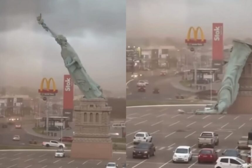 Badai angin kencang menerjang Brasil selatan hingga merobohkan replika Patung Liberty setinggi 24 meter di Guaíba, Rio Grande do Sul, Senin (15/12/2025). Foto: Tangkap layar TikTok @trendtroller