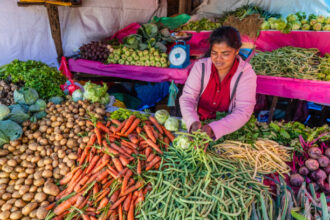 Ilustrasi seorang wanita menjual kebutuhan sayur mayur di pasar. Foto: Istock @hadynyah