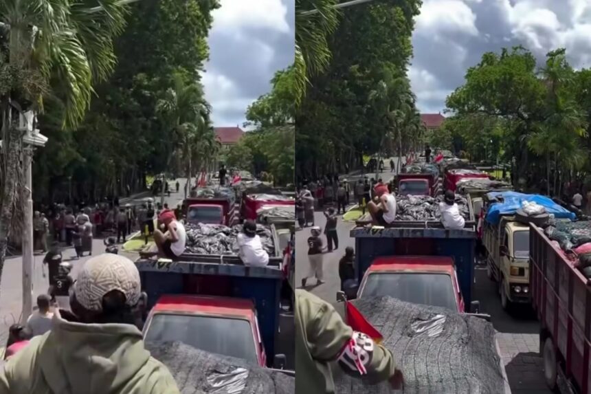 Ratusan truk pengangkut sampah memadati kawasan Kantor Gubernur Bali, Selasa (23/12/2025), dalam aksi unjuk rasa Forum Swakelola Sampah Bali menolak rencana penutupan TPA Suwung yang dinilai belum disertai solusi pengelolaan sampah pengganti. Foto: Tangkap layar IG @fakta.indo