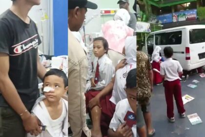 Suasana kepanikan di halaman SDN 01 Kalibaru usai mobil pengantar makanan kehilangan kendali dan menabrak siswa serta guru di halaman SDN 01 Kalibaru, Cilincing, Jakarta Utara. Foto: Dok.Ist