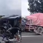 Bus dinas TNI Angkatan Laut ringsek usai menabrak truk bermuatan semen di Tol Belmera KM 8.800, Selasa (23/12/2025). Kecelakaan tersebut menewaskan satu prajurit dan menyebabkan sejumlah personel lainnya luka-luka. Foto: TikTok @seputaran.binjai