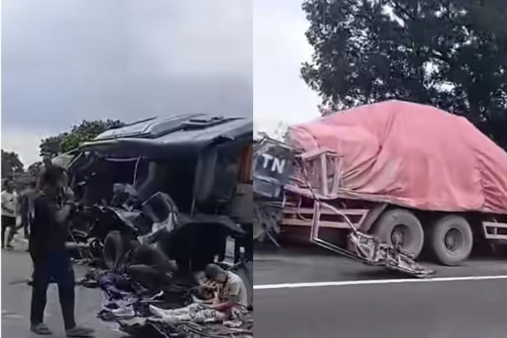 Bus dinas TNI Angkatan Laut ringsek usai menabrak truk bermuatan semen di Tol Belmera KM 8.800, Selasa (23/12/2025). Kecelakaan tersebut menewaskan satu prajurit dan menyebabkan sejumlah personel lainnya luka-luka. Foto: TikTok @seputaran.binjai