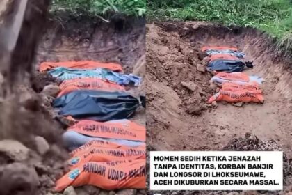 Sejumlah jenazah tanpa identitas korban banjir di Lhokseumawe dan Aceh Utara akhirnya dimakamkan secara massal. Foto: Tangkap layar IG @masjidnurulashri