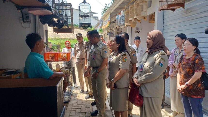 Wali Kota Jakarta Selatan, M Anwar, didampingi Seko Jaksel, Mukhlisin, Kepala Dinas Perindustrian, Perdagangan, Koperasi, Usaha Kecil dan Menengah (PPKUKM) DKI Jakarta, Elisabeth Ratu Rante Allo, Kasudin PPKUKM Jakarta Selatan, Djaharuddin, Camat Jagakarsa, Satia, Lurah Lenteng Agung, Abdul Haris, dan puluhan staf Aparatur Sipil Negara (ASN), saat mengunjungi kios pedagang unggas di Blok A Teras Lenteng Agung (LA), Lenteng Agung, Jagakarsa, Jakarta Selatan, Senin (26/1/2026) siang. Foto: Joesvicar Iqbal/ipol.id