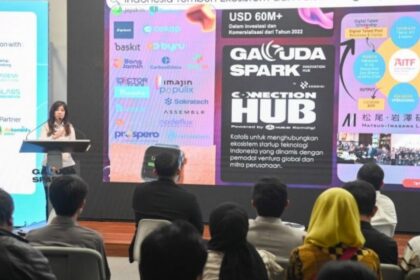 Menkomdigi Meutya Hafid menyampaikan keynote speech dalam acara Jabar Digital Ecosystem Report di Garuda Sparks Innovation Hub Bandung, Senin (05/01/2026). Foto: Ardi W/Komdigi